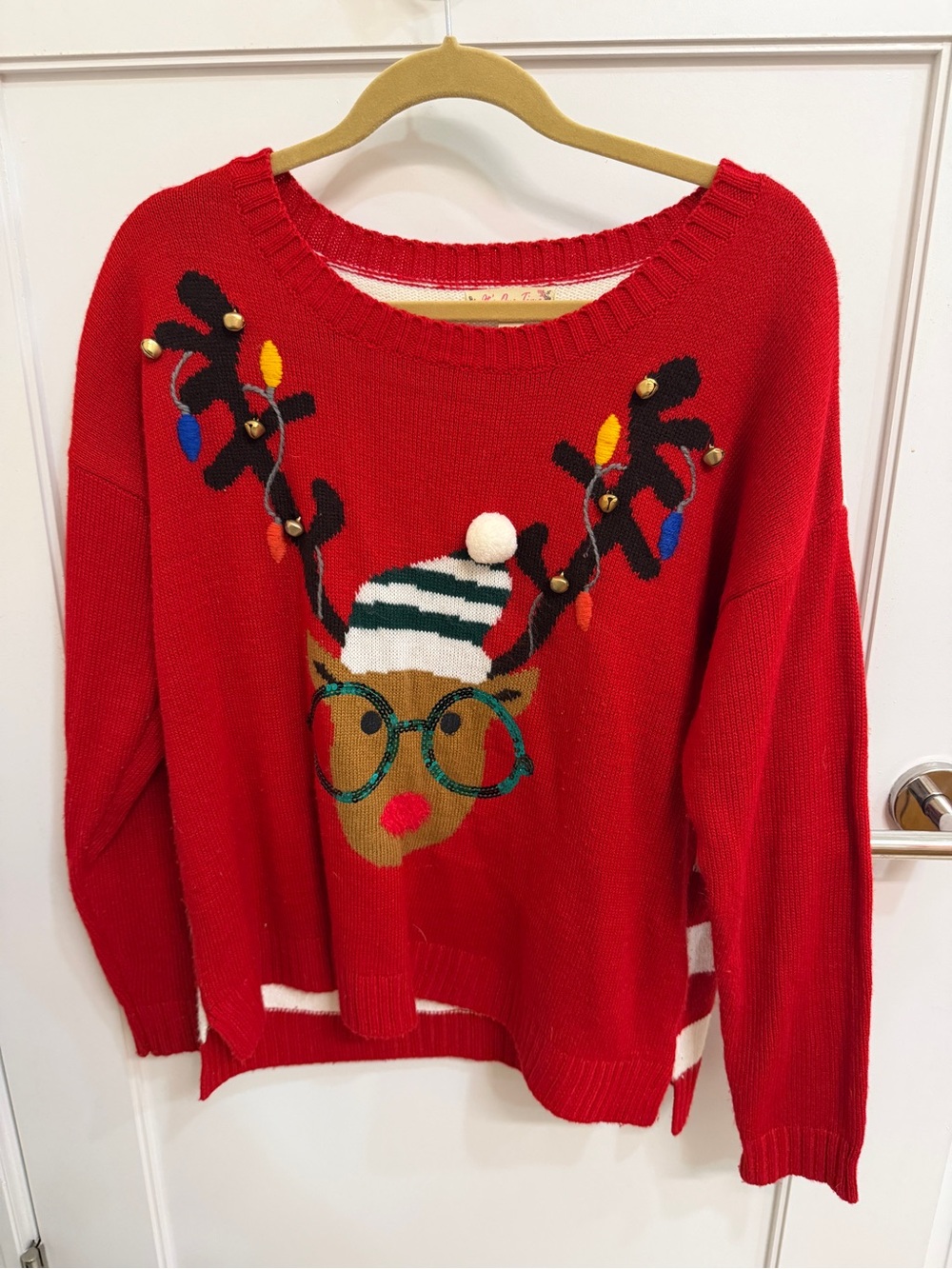 It's Our Time Red Reindeer Crewneck Sweater with Pom Accent